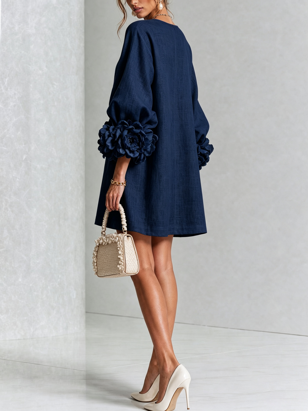 White Mini Dress with Floral Buttons & Statement Flower Sleeves
