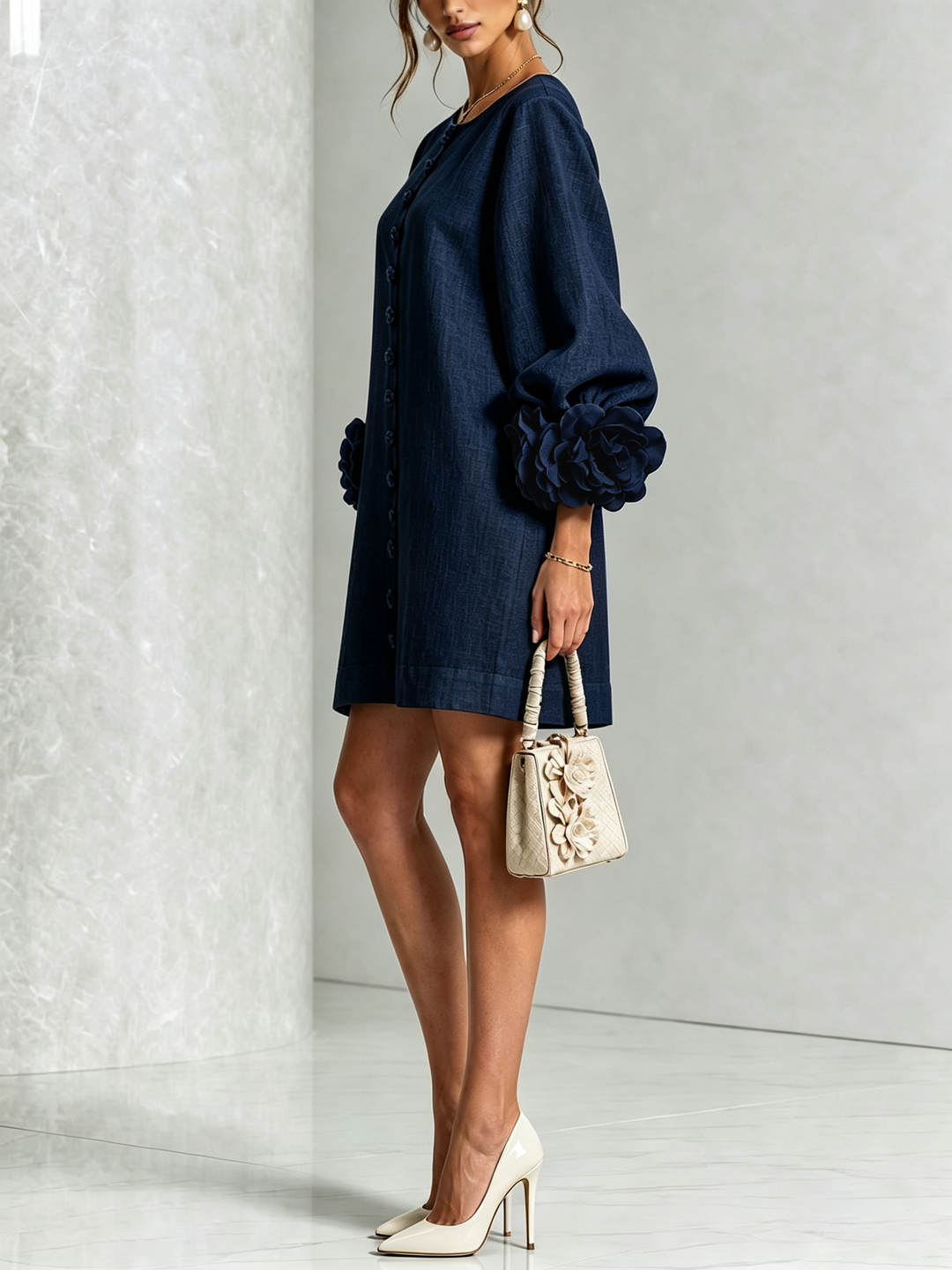 White Mini Dress with Floral Buttons & Statement Flower Sleeves