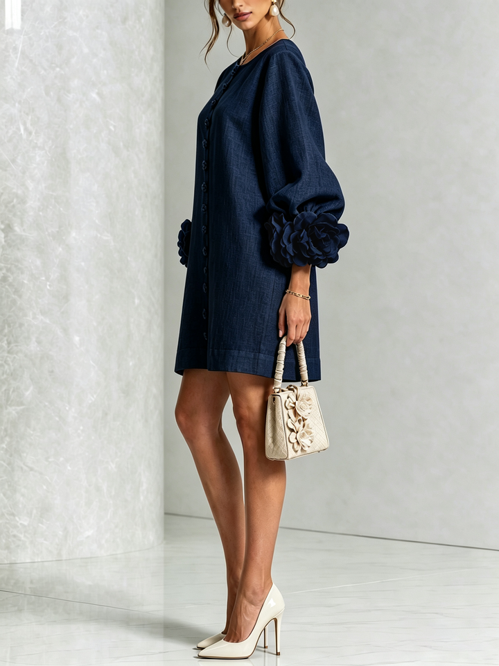 White Mini Dress with Floral Buttons & Statement Flower Sleeves