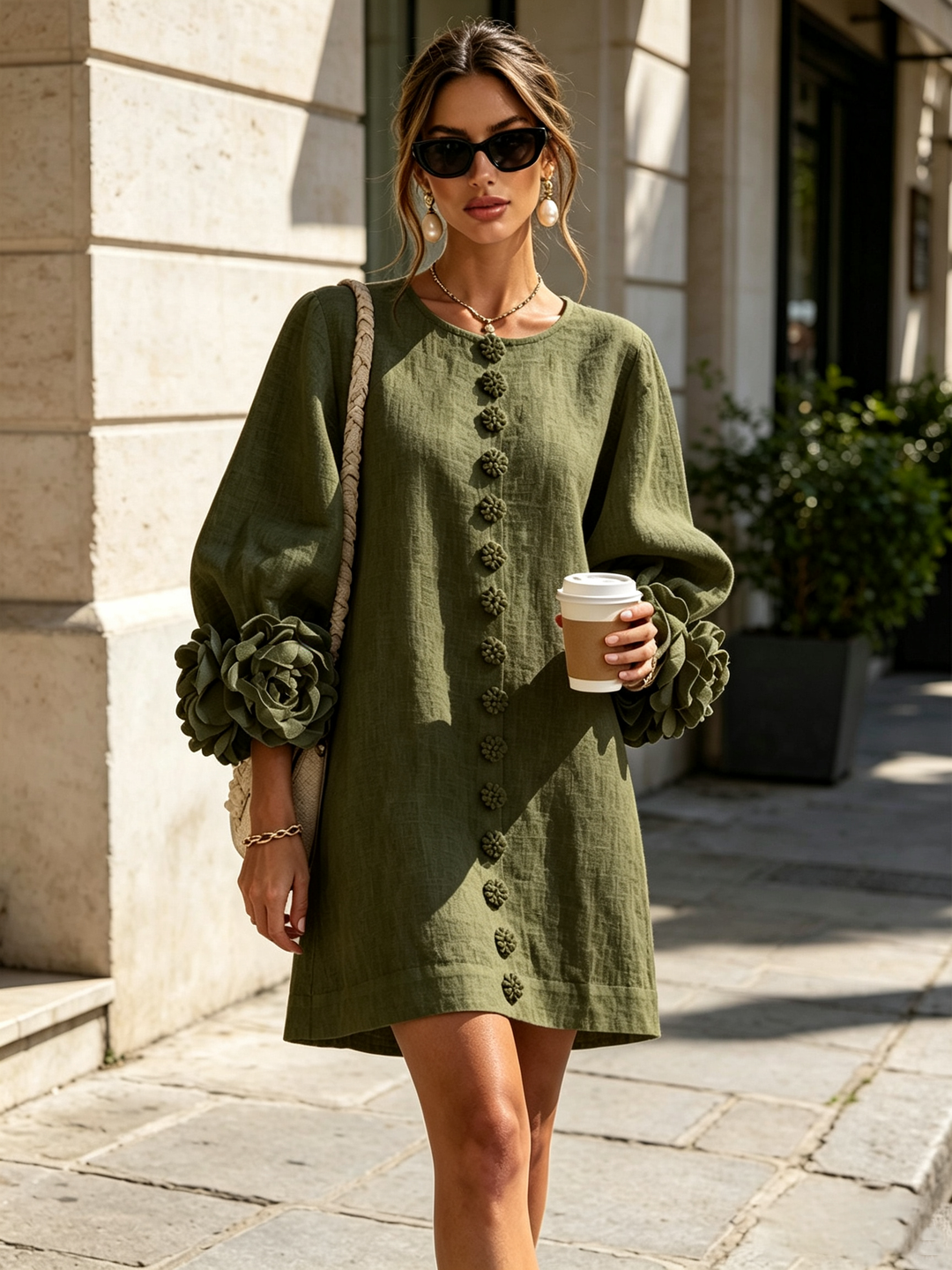 White Mini Dress with Floral Buttons & Statement Flower Sleeves