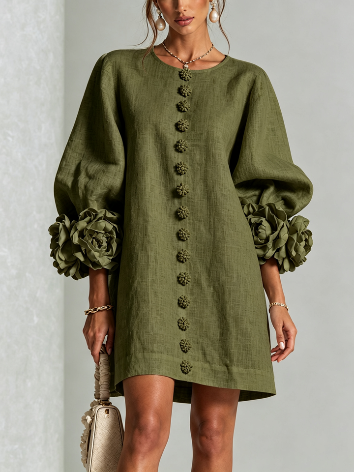 White Mini Dress with Floral Buttons & Statement Flower Sleeves