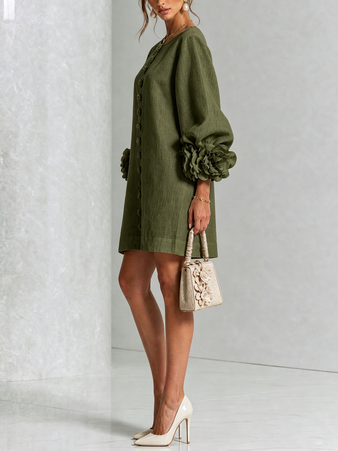 White Mini Dress with Floral Buttons & Statement Flower Sleeves