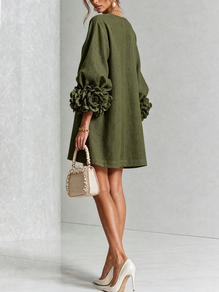 White Mini Dress with Floral Buttons & Statement Flower Sleeves