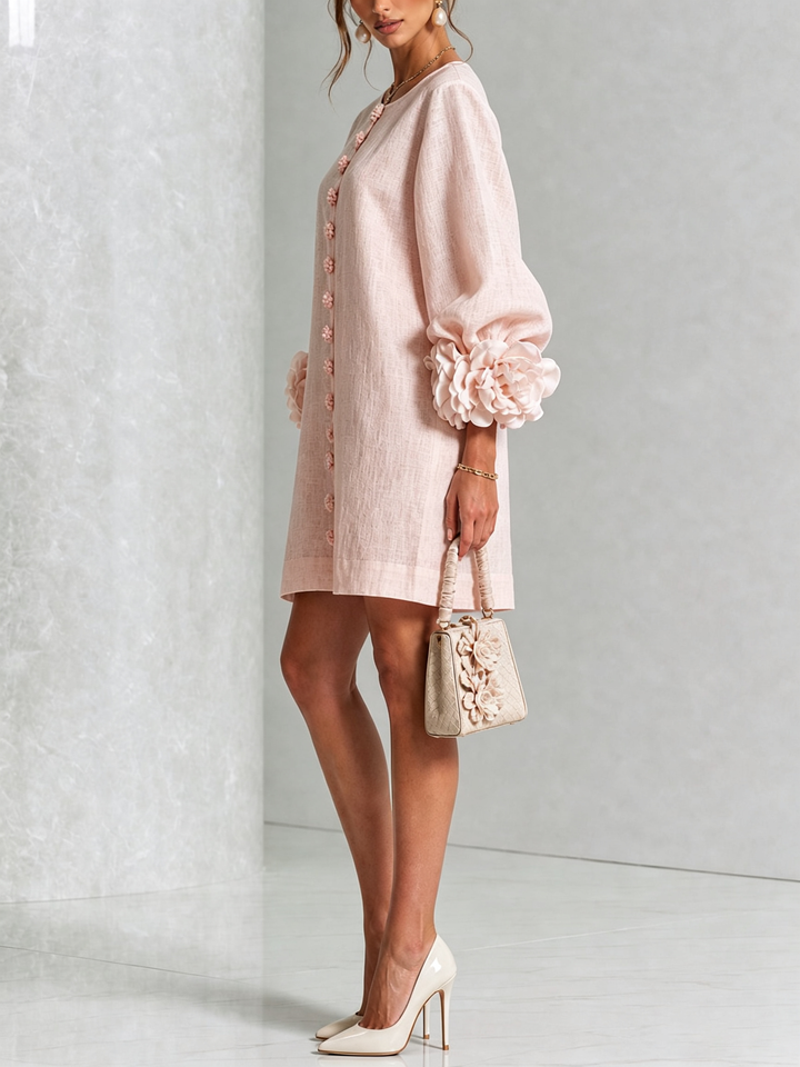 White Mini Dress with Floral Buttons & Statement Flower Sleeves
