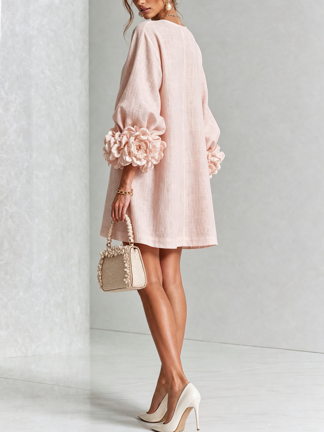 White Mini Dress with Floral Buttons & Statement Flower Sleeves