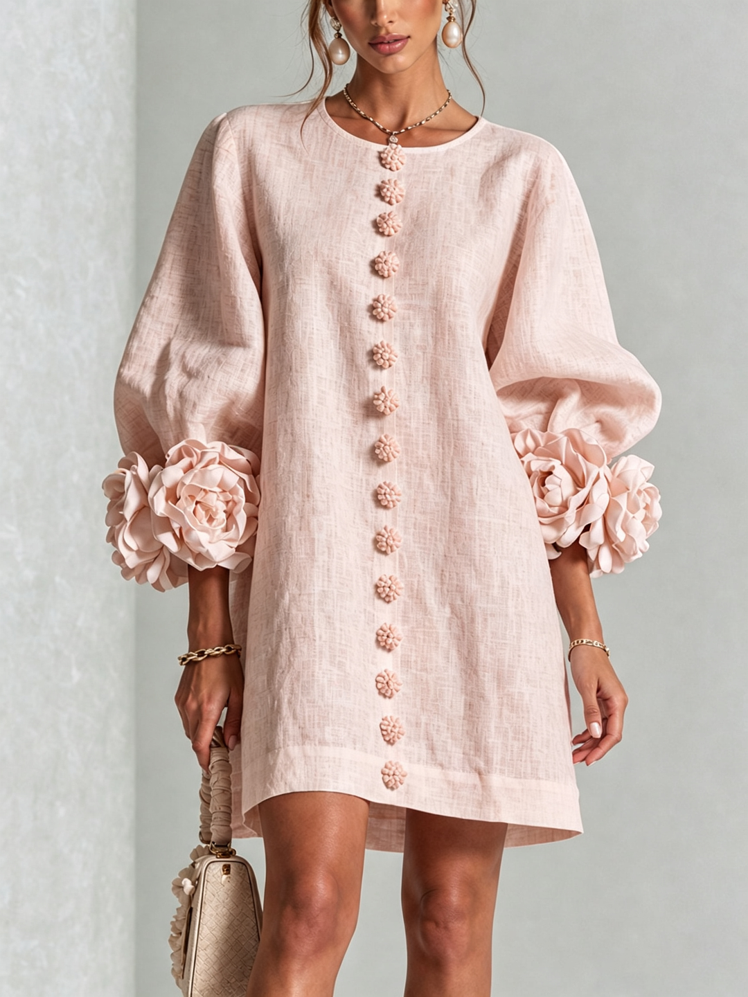 White Mini Dress with Floral Buttons & Statement Flower Sleeves