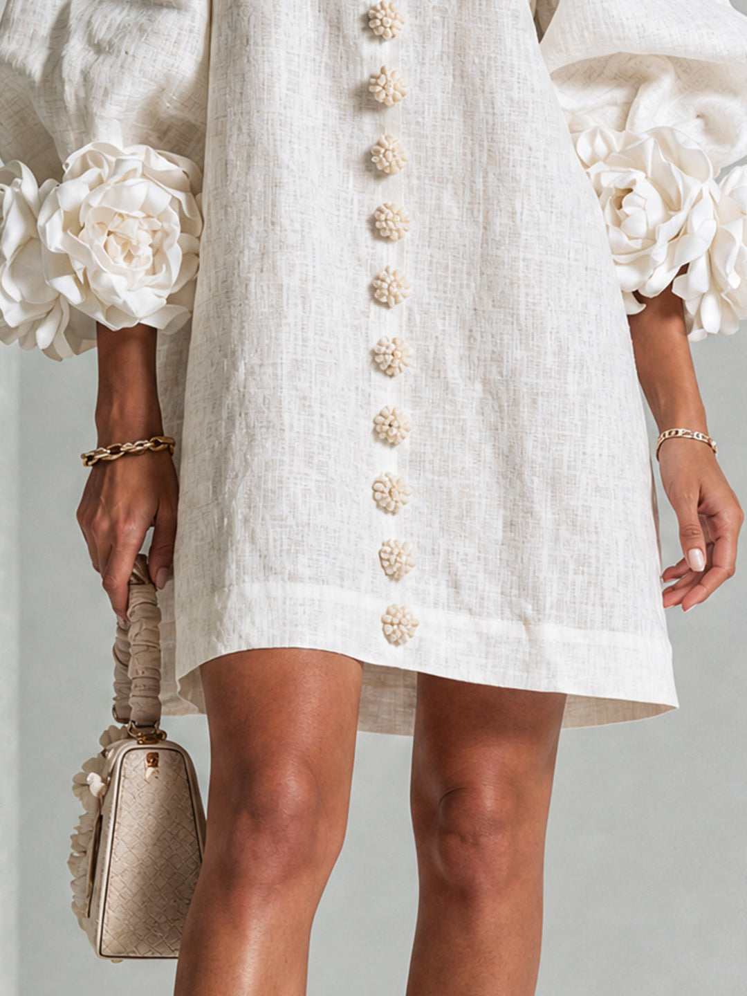 White Mini Dress with Floral Buttons & Statement Flower Sleeves