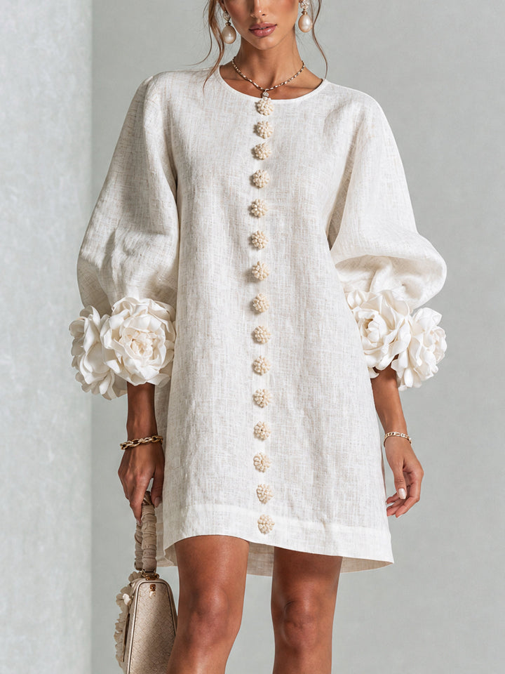 White Mini Dress with Floral Buttons & Statement Flower Sleeves