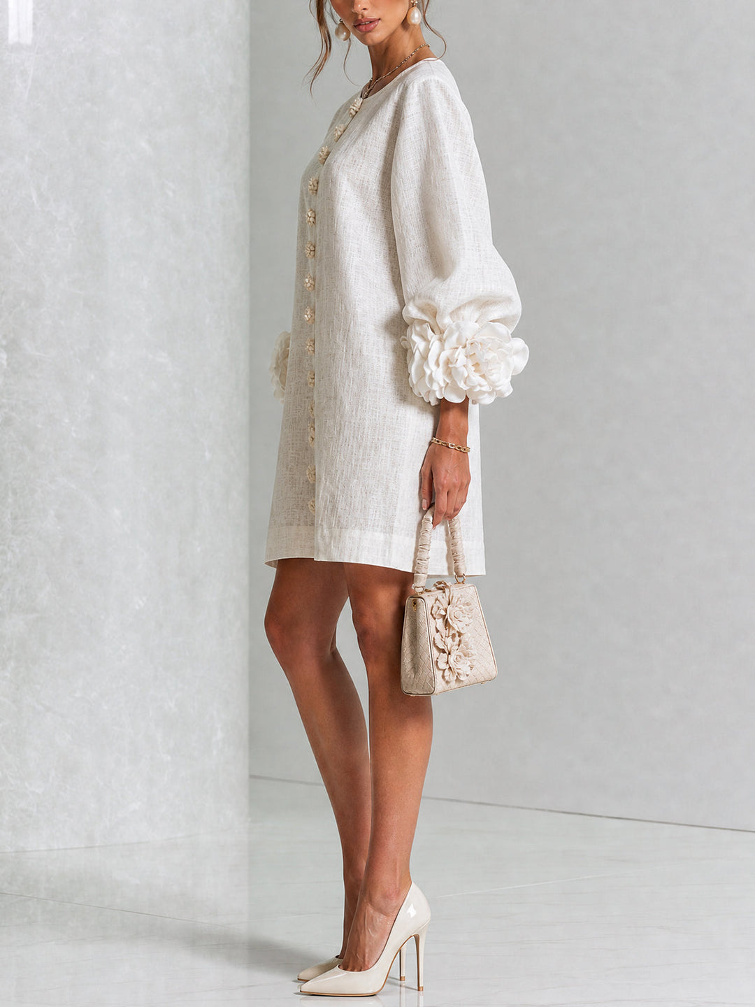 White Mini Dress with Floral Buttons & Statement Flower Sleeves
