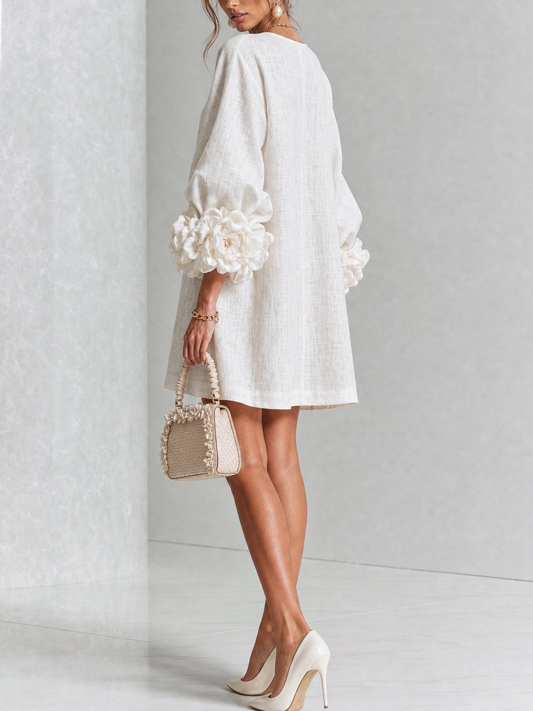 White Mini Dress with Floral Buttons & Statement Flower Sleeves