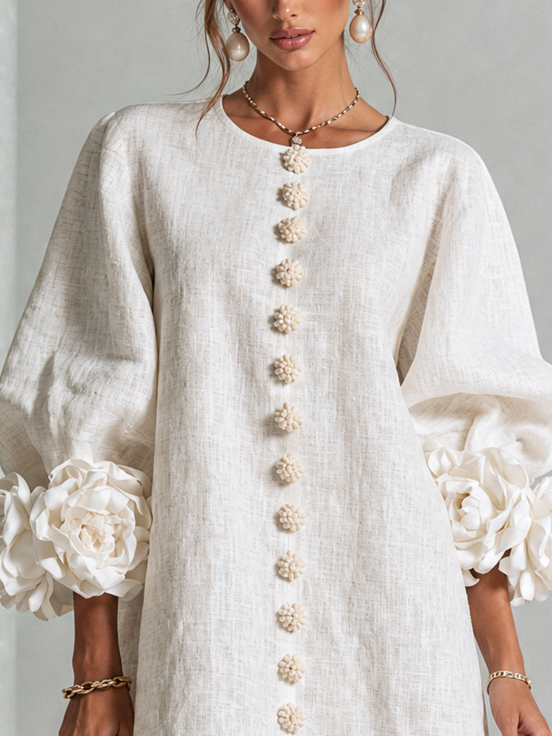 White Mini Dress with Floral Buttons & Statement Flower Sleeves