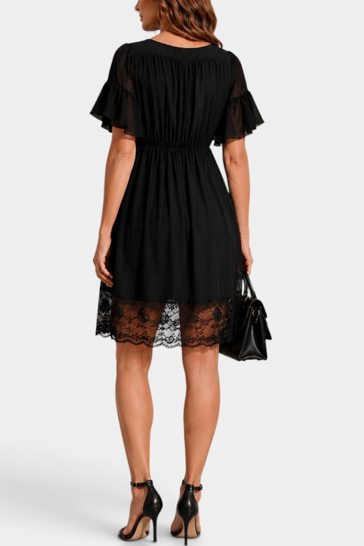 Lirone™ | Plunging V-Neck Mini Dress with Gold Zipper & Lace Hem
