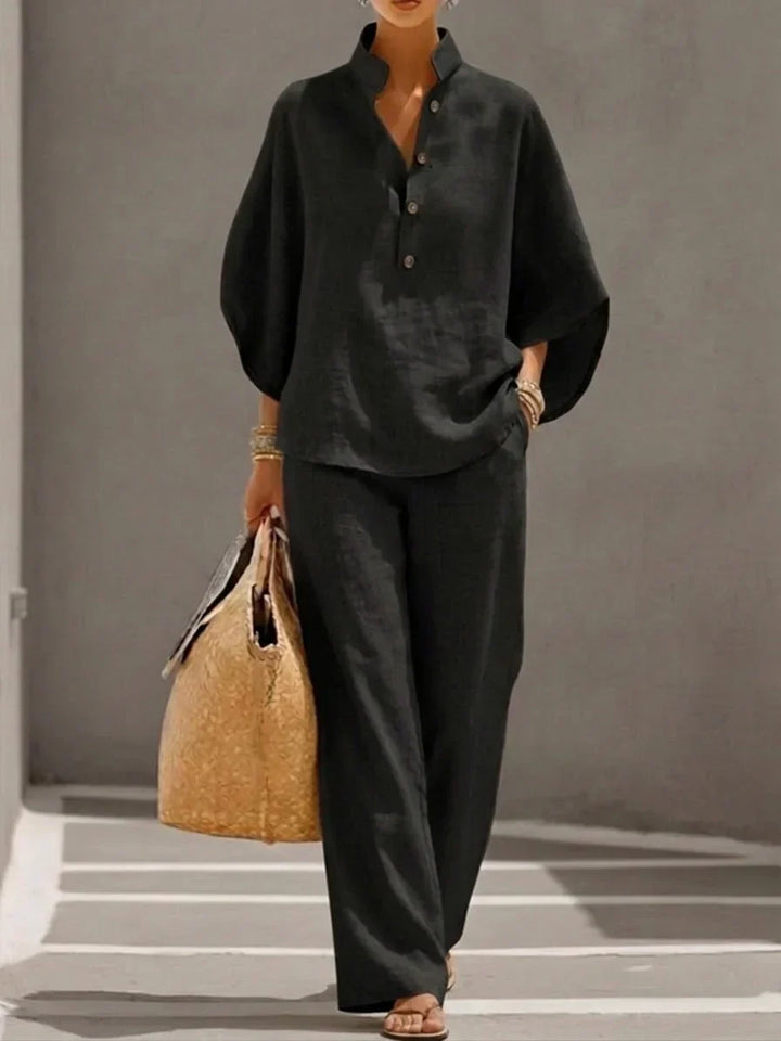 Sophie™ | Linen-Look Set with Batwing Sleeves and Wide-Leg Pants