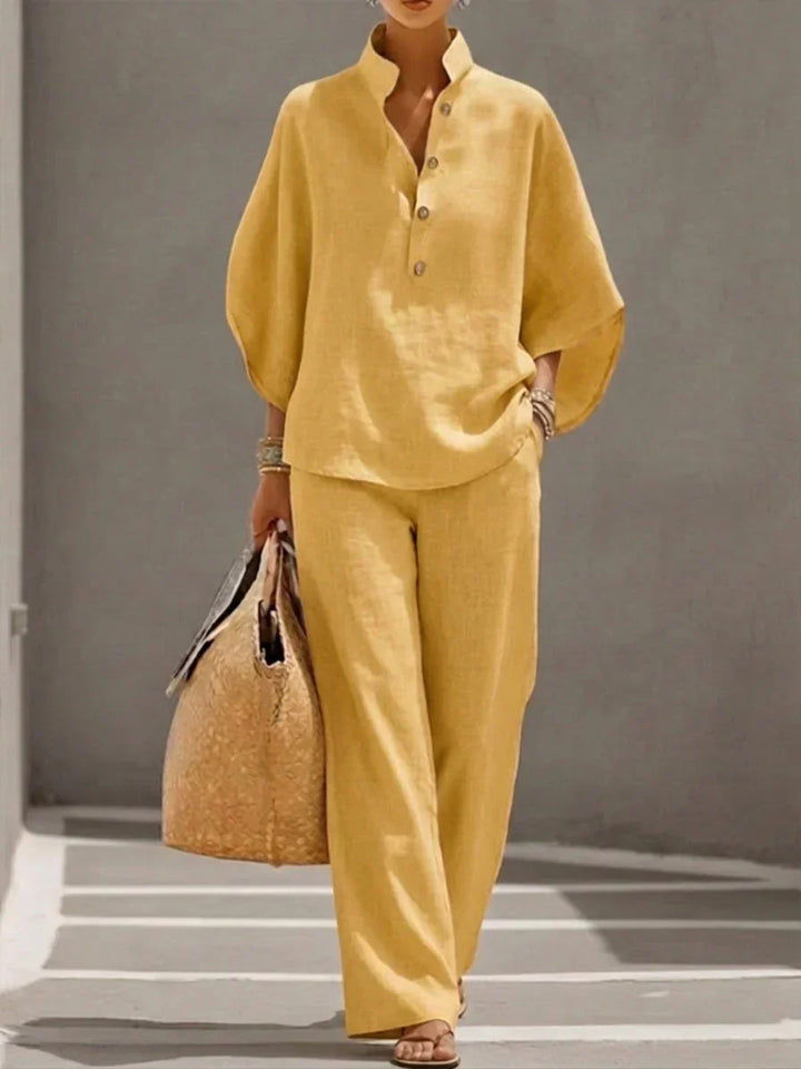 Sophie™ | Linen-Look Set with Batwing Sleeves and Wide-Leg Pants