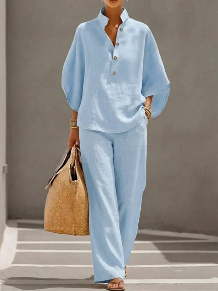 Sophie™ | Linen-Look Set with Batwing Sleeves and Wide-Leg Pants