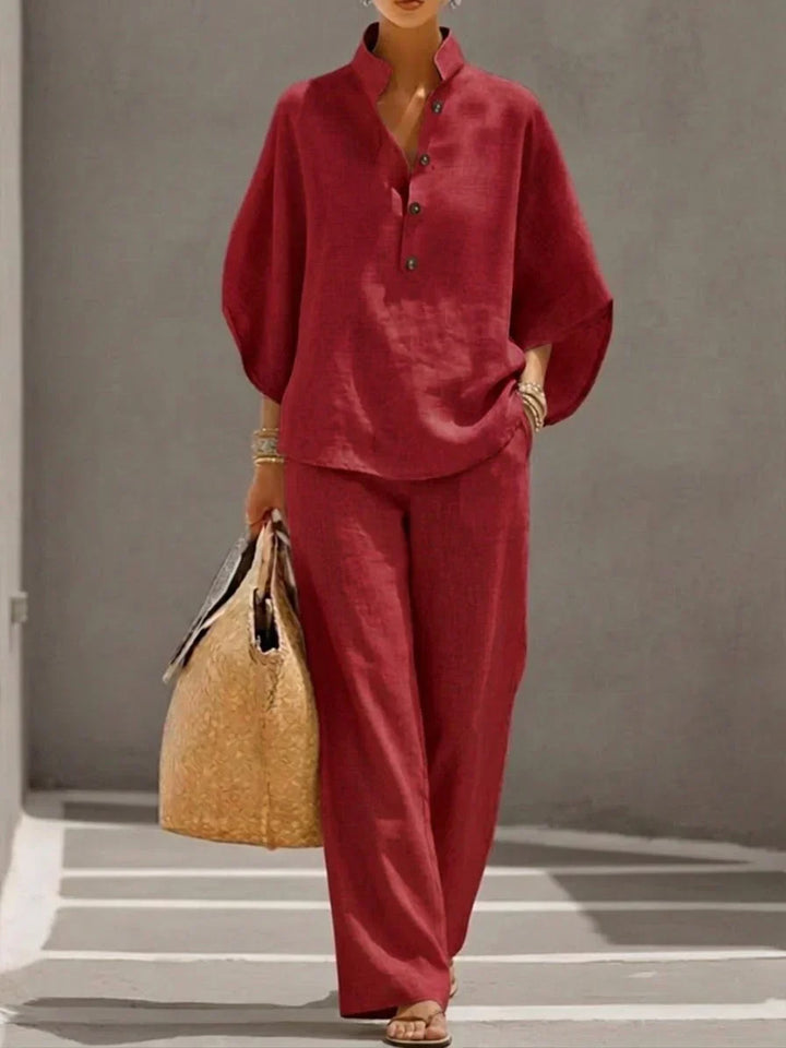 Sophie™ | Linen-Look Set with Batwing Sleeves and Wide-Leg Pants