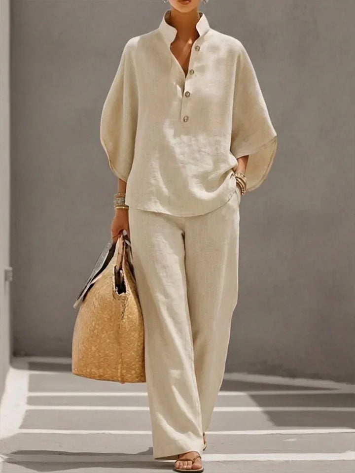 Sophie™ | Linen-Look Set with Batwing Sleeves and Wide-Leg Pants