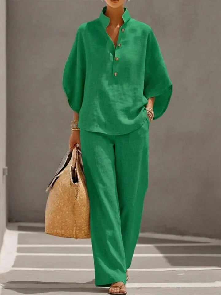 Sophie™ | Linen-Look Set with Batwing Sleeves and Wide-Leg Pants