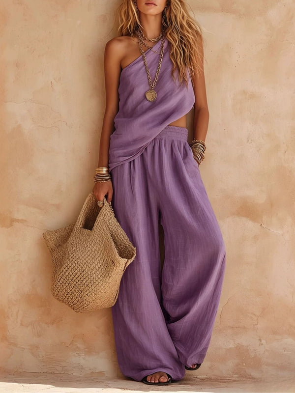 One-shoulder Sleeveless Top And Pants Casual Set
